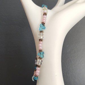 Blue, clear and pink glass toggle closure bracelet